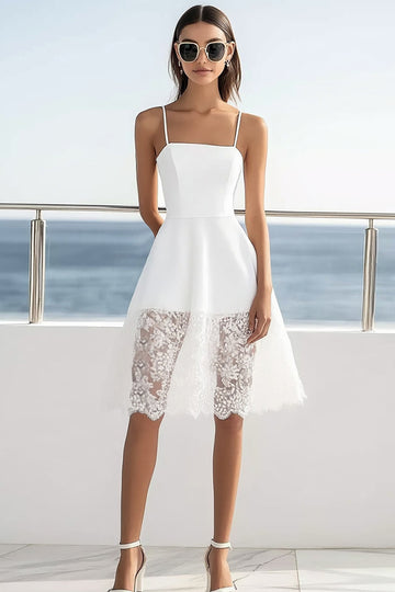 White A Line Lace Spaghetti Straps Graduation Dress